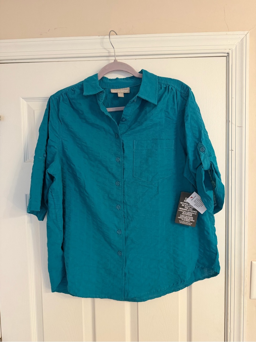 Woman Within Teal Button-Front Collared Shirt with Roll-Tab Sleeves